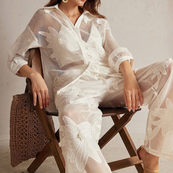 White Casual Women's Set French Romantic Hollow Embroidery Floral Outfit - Picture 2 of 15